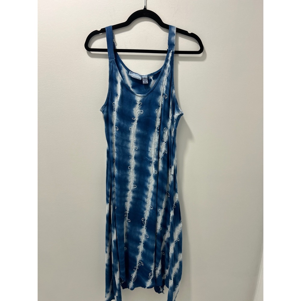 Studio West Blue Tie Dye Embroidered Rayon Midi Dress Womens Medium Handkerchief
